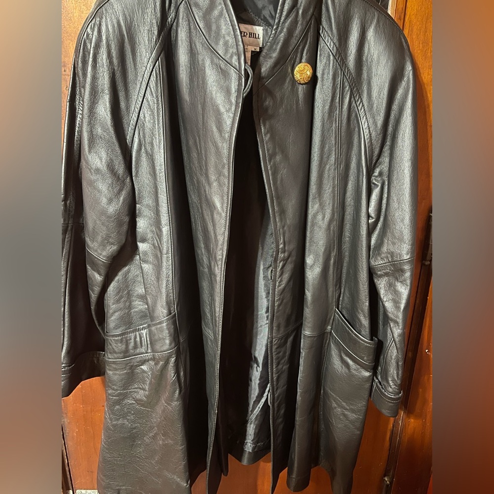 Vintage Tower Hill black genuine leather mid trench coat